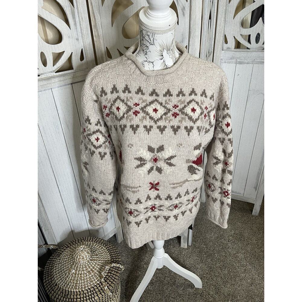 Vintage Nomadic Traders Sweater Fair Isle Style 100% Wool Snowflake Skiing Small